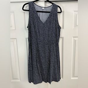 Thick strap v neck dress. Blue with white polka dots